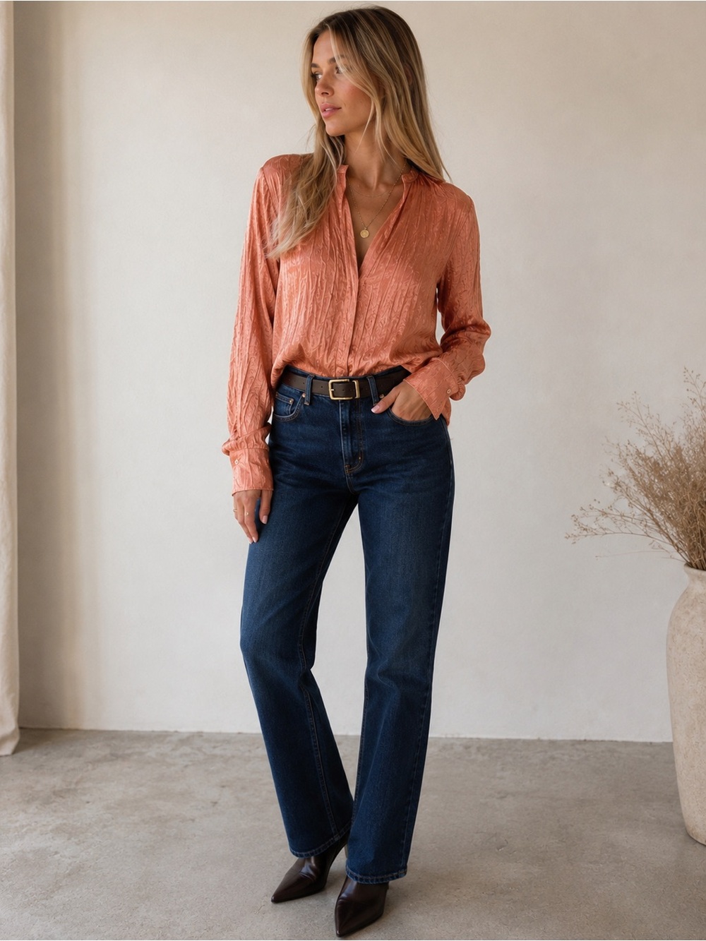 Vince Crinkle Satin V-Neck Blouse Peach Long Sleeve S
